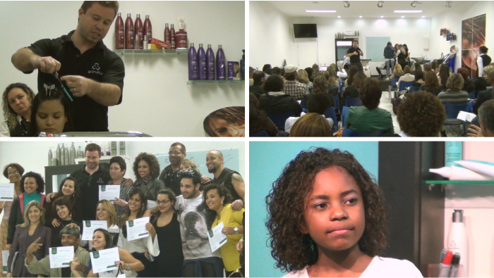 Celso Martins Junior durante teorização e aplicação da Desintoxicação Capilar; resultados fantásticos em cabelos comprometidos.