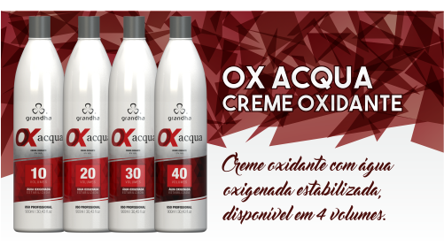 Produtos cosméticos Grandha. Ox Acqua da Grandha, creme oxidante, conhecido como oxigenada para coloração e tintura profissional.