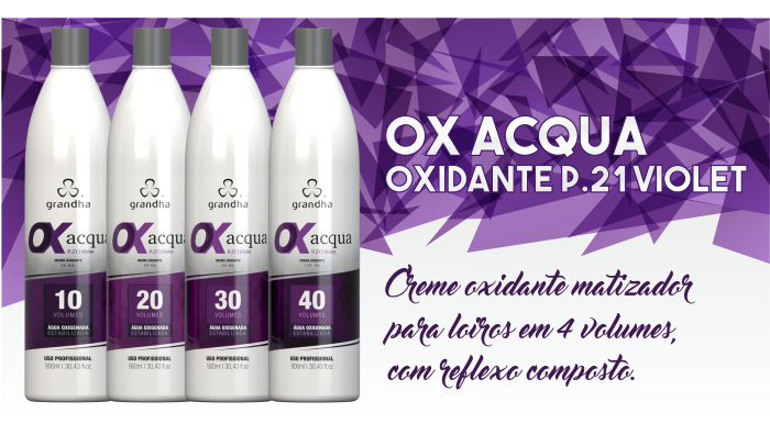 Produtos cosméticos Grandha. Ox Acqua P.21 Violet da Grandha, creme oxidante, conhecido como oxigenada para coloração e tintura profissional, com propriedades de matização.